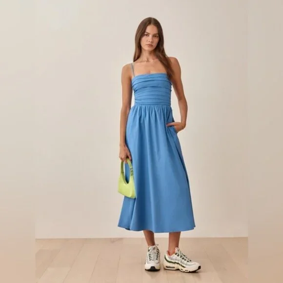 NEW Reformation Lissa Cotton Midi Dress Azure Blue Removable Strap | US 2 UK 6 - Picture 1 of 13